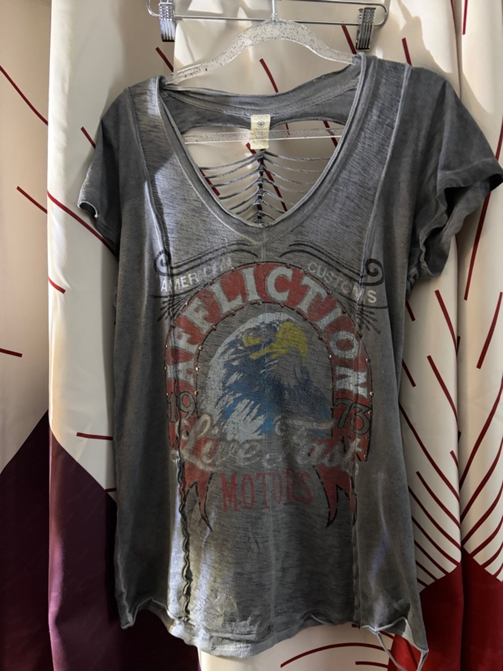 Affliction Gray V-Neck Eagle Graphic Tee with Ladder Back Detail. Vintage Y2K